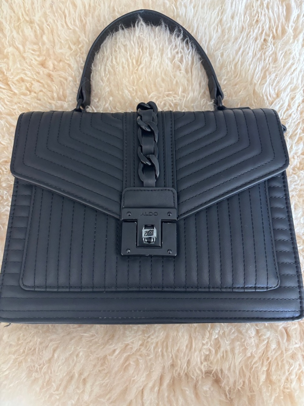 ALDO Black Quilted Top-Handle Satchel with Chain Detail